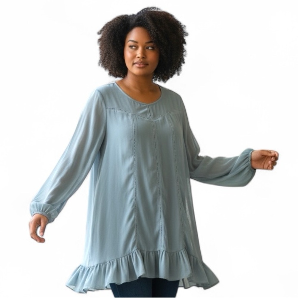 BCBGGeneration Gray Blouse Women’s L Sheer Lined Long Sleeve Ruffle Hem - Picture 1 of 9